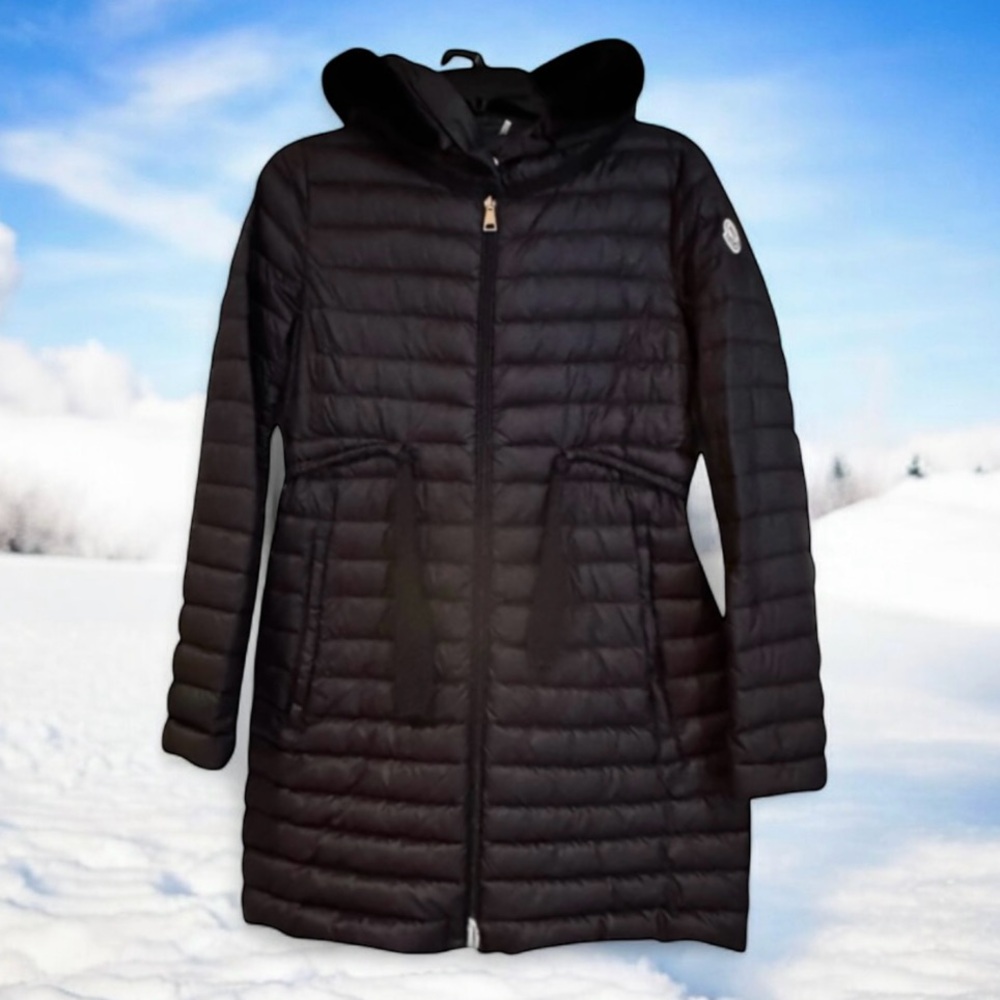 💕MONCLER Black Barbel Long Down Puffer Attached Hood Removable Mink Trim Sz 2=M